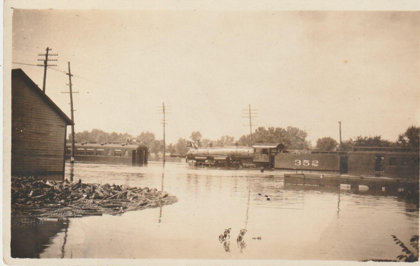Real Photo Postcard (RPPC) – Train Locomotive 352 in Flood – Railroad Disaster