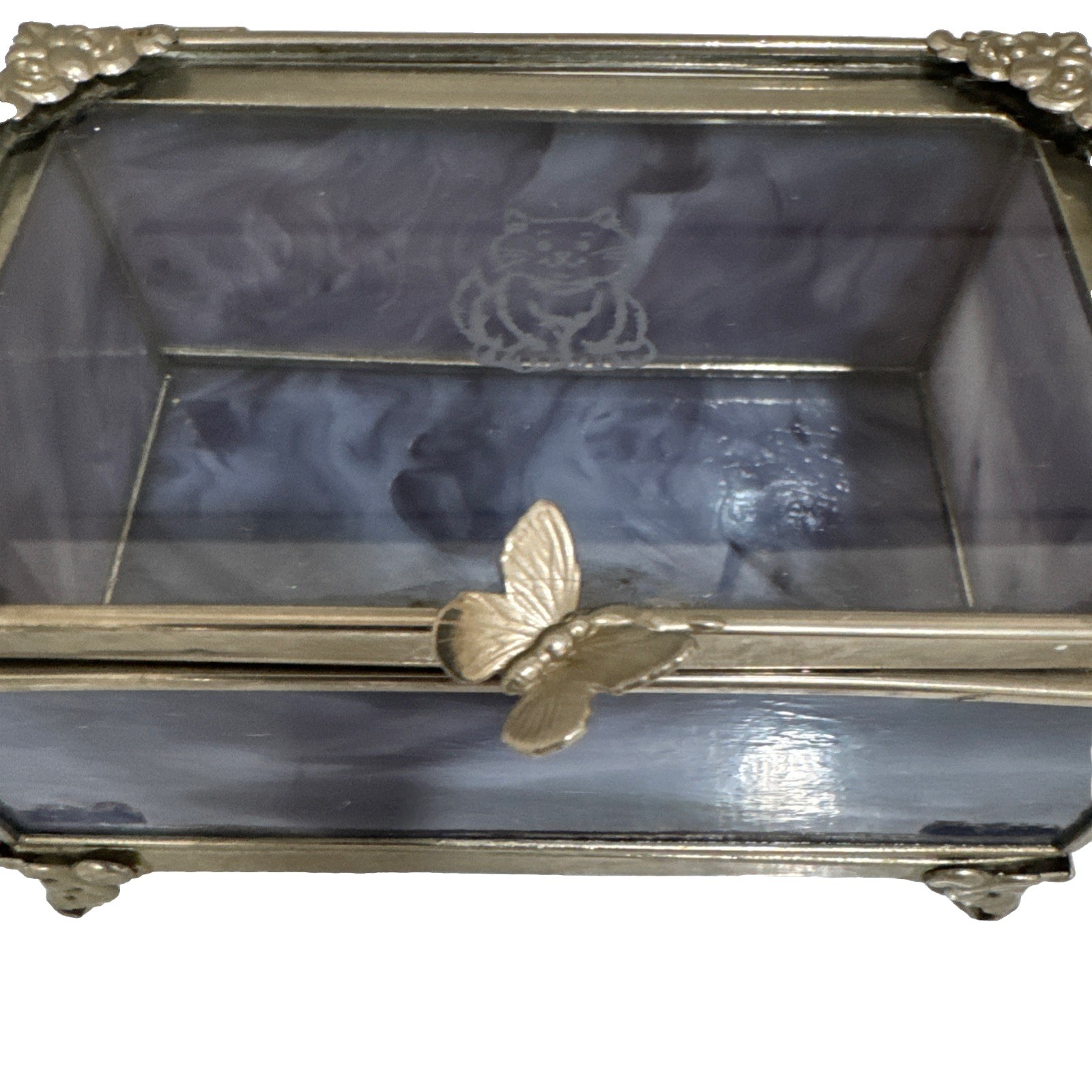 Stained Glass Trinket Box Butterfly Handle Cat Design Lid Silver Tone Accents