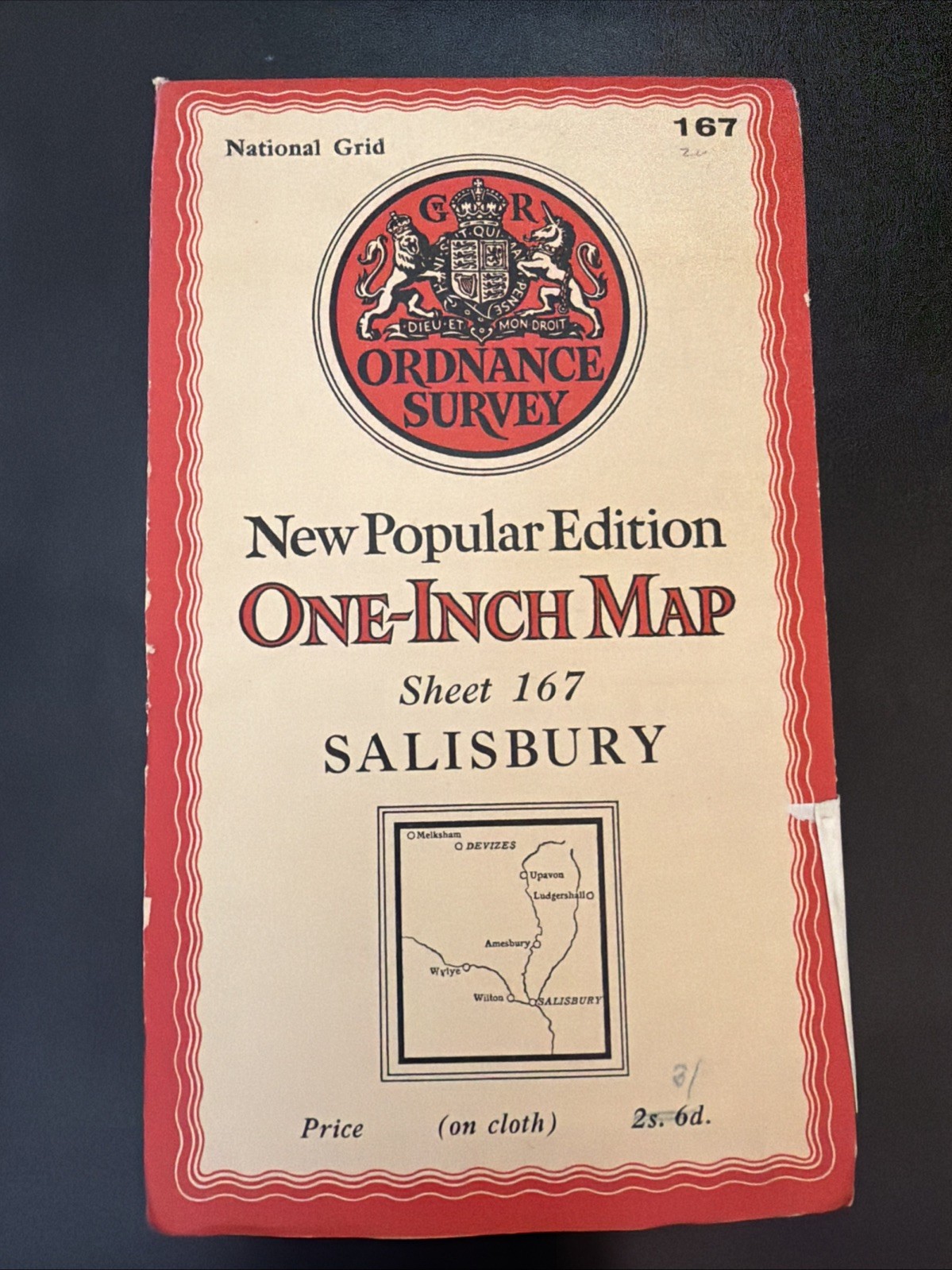 G R Ordnance Survey One Inch Cloth Map, Salisbury, Sheet 167, 1940