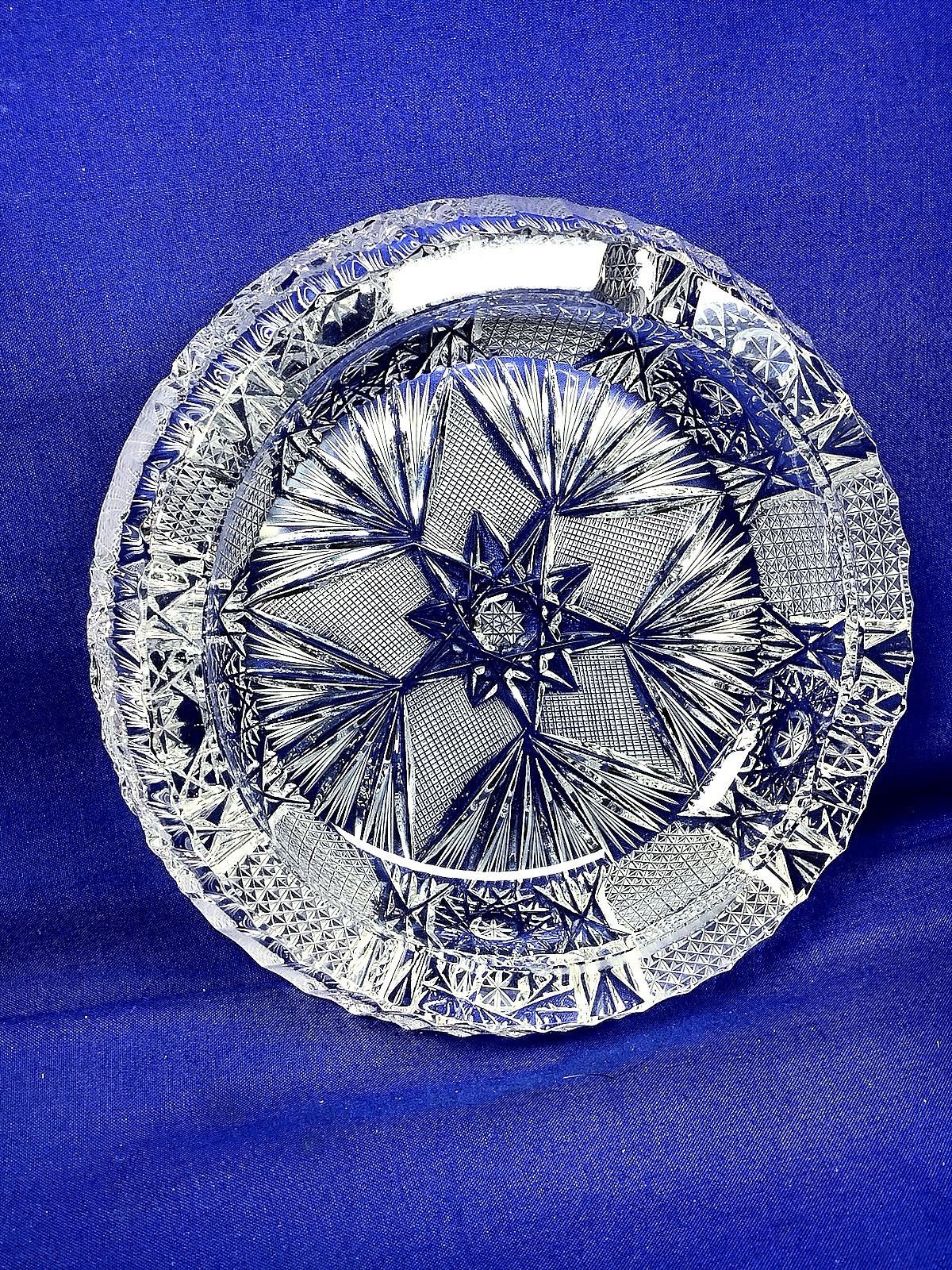 Antique American Brilliant Cut Lead Crystal Glass Heavy Ashtray Star Fan 314