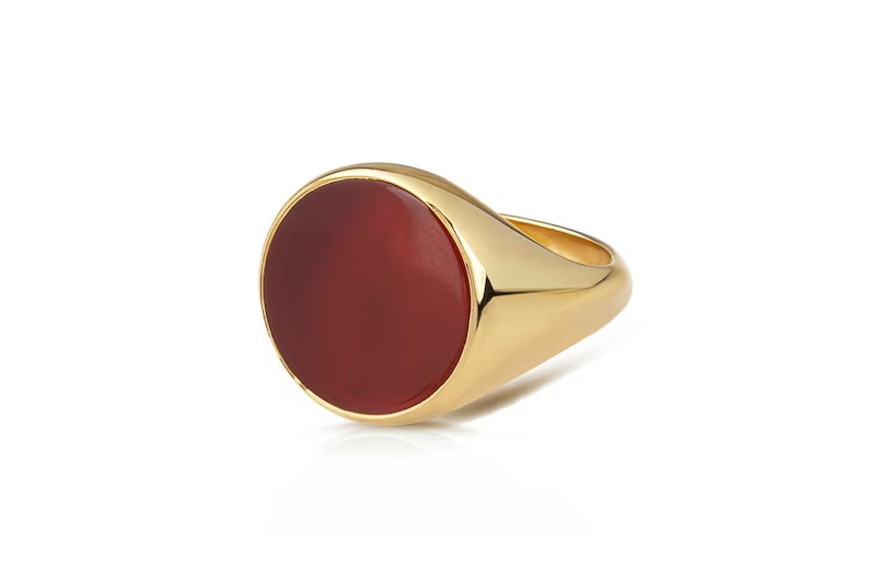 18K Yellow Gold Over Deep Red Carnelian Signet Personalized Men’s Chunky Ring