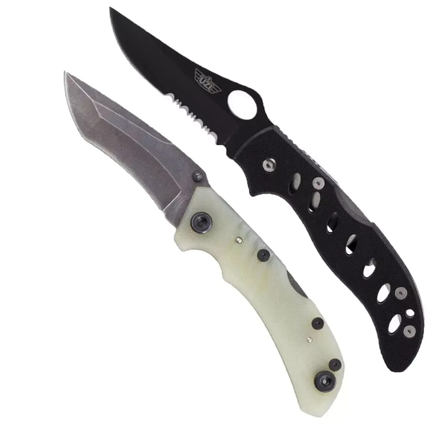 LOT of 2 POCKET KNIVES UZI ONE GREEN w/STONE WASHED TANTO & BLACK G10 HANDLES
