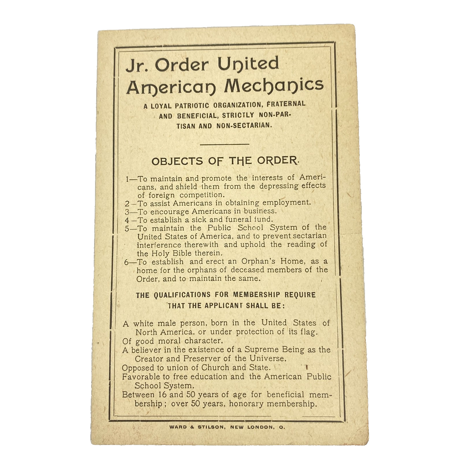 1890’s Junior Order United American Mechanics Membership Application Booklet