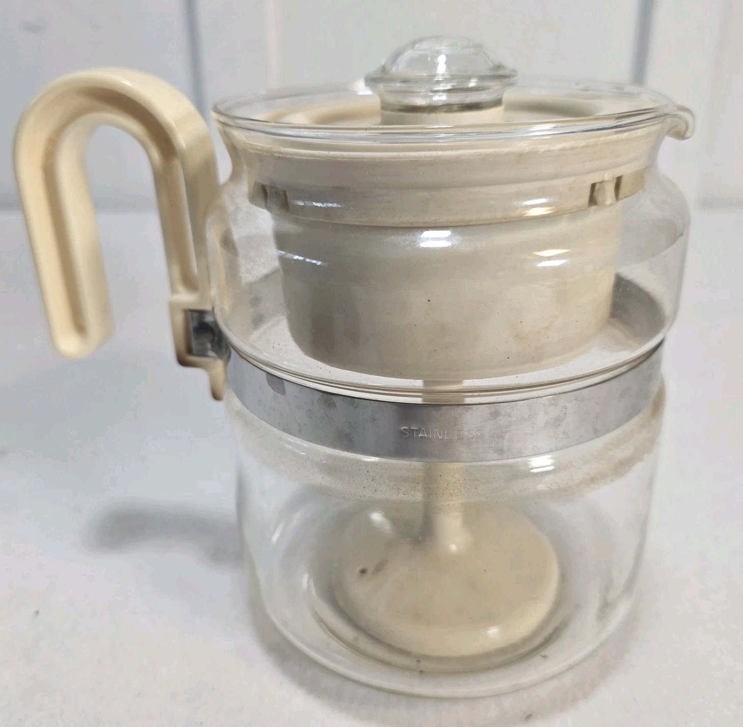 Gemco Stovetop Percolator Coffee Pot 4-8 Cup 64oz Almond Glass Perk Vintage
