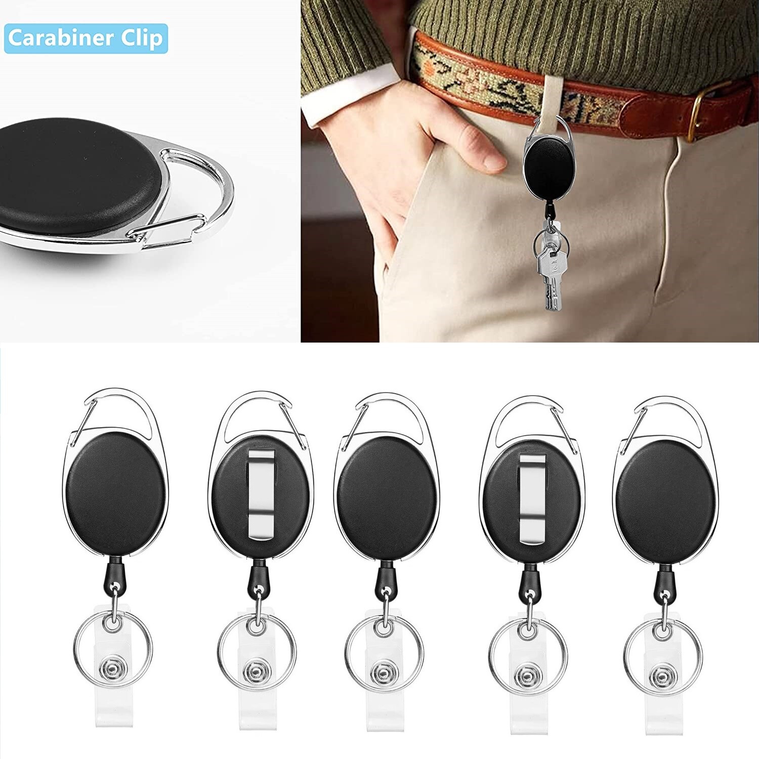 5× Retractable Key Tool Reel Holder Steel Belt Clip Chain Heavy Duty Split Ring