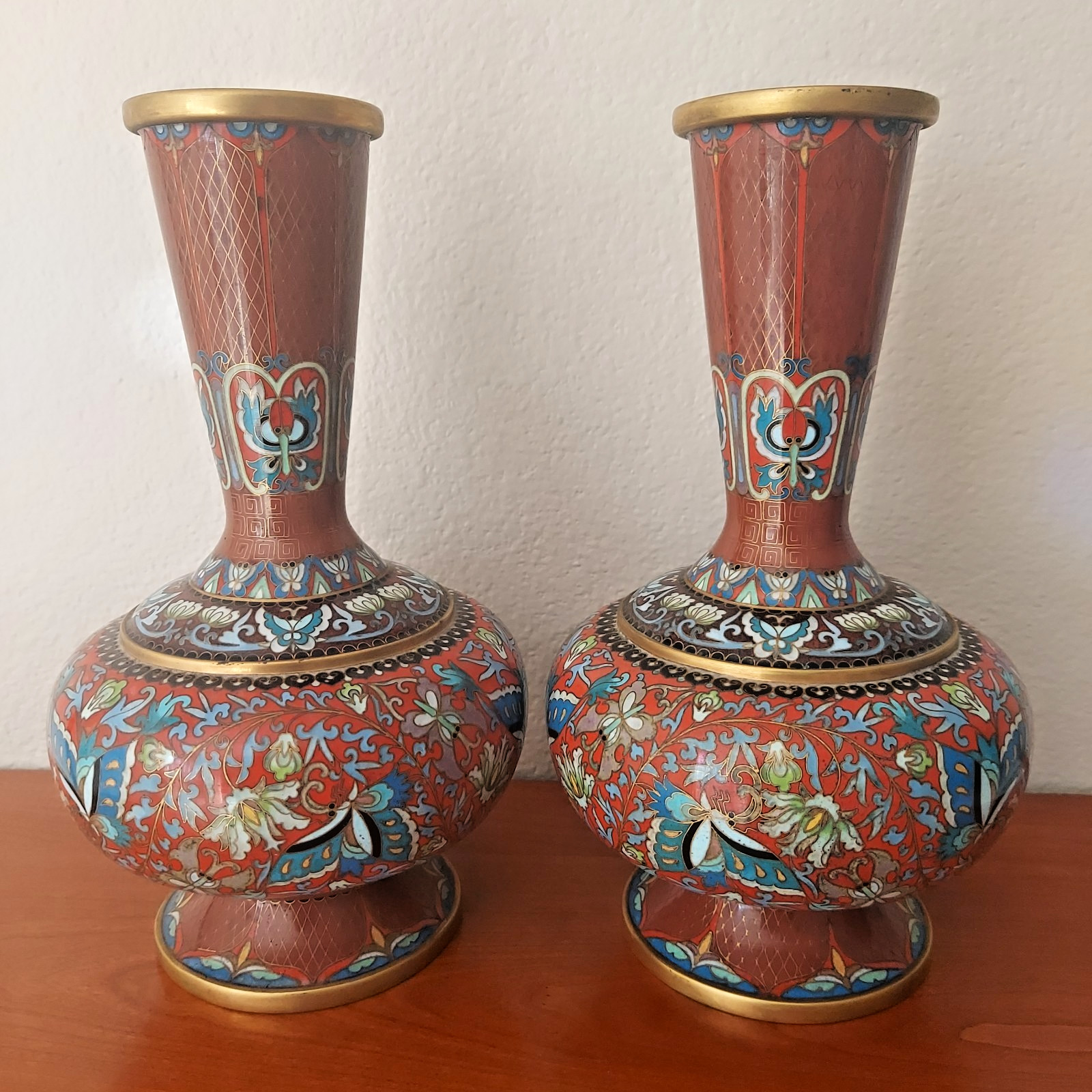 Vintage Pair Cloisonne Red Enameled Brass Chinese Vases Butterflies Floral 9.25″