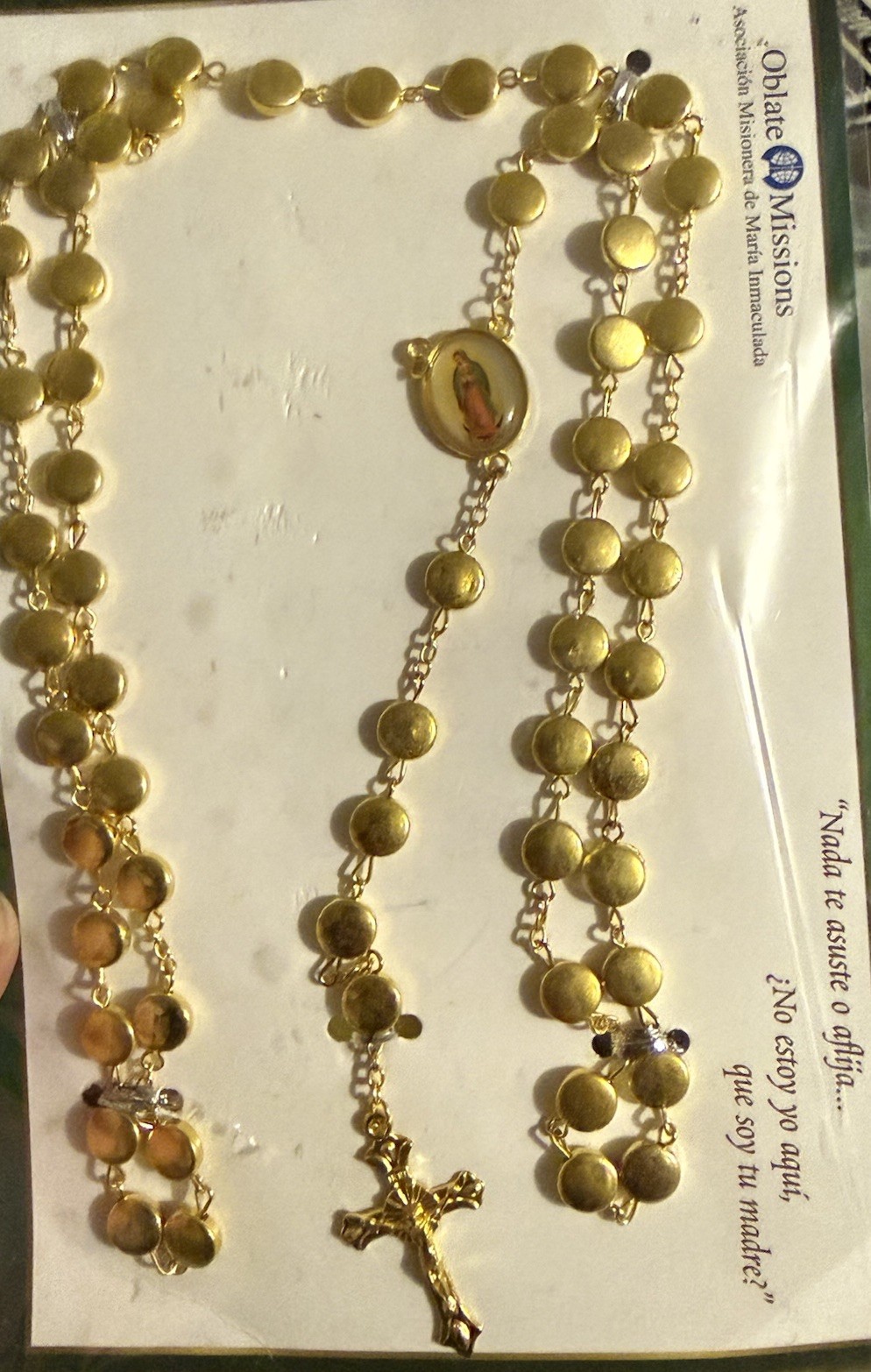 Rosary gold tone FLAT beaded Circle 24″ Jesus On Cross Prayer Virgin Mary
