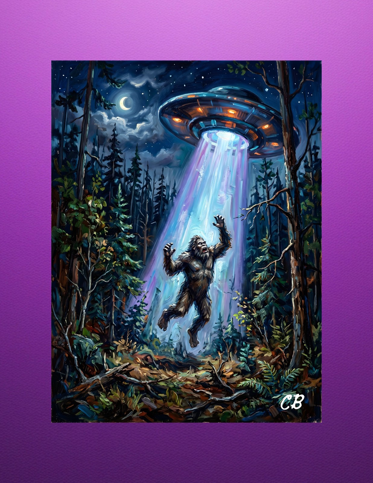 Bigfoot UFO Abduction ACEO | Cryptid Sci-Fi Folk Art | Sasquatch Tractor Beam