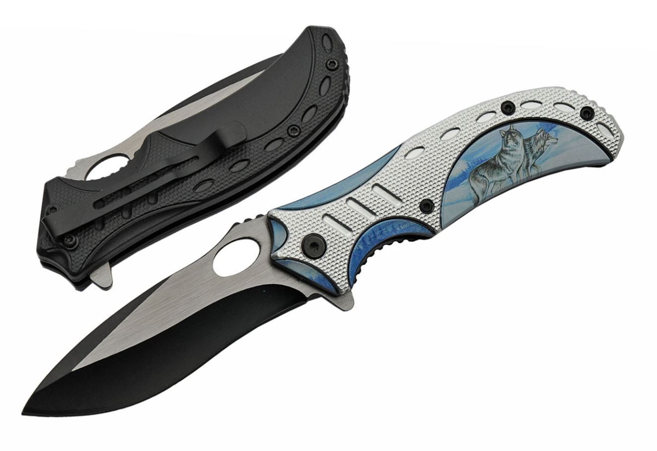 4.5″ Bright Wolves Folding Knife Stainless Steel Blade Aluminum Handle