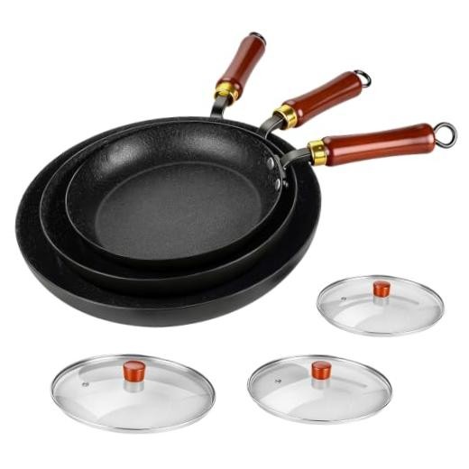 Nonstick Frying Pan with Lids Set, 10”/11”/12.5” Lightweight Iron Skillets |