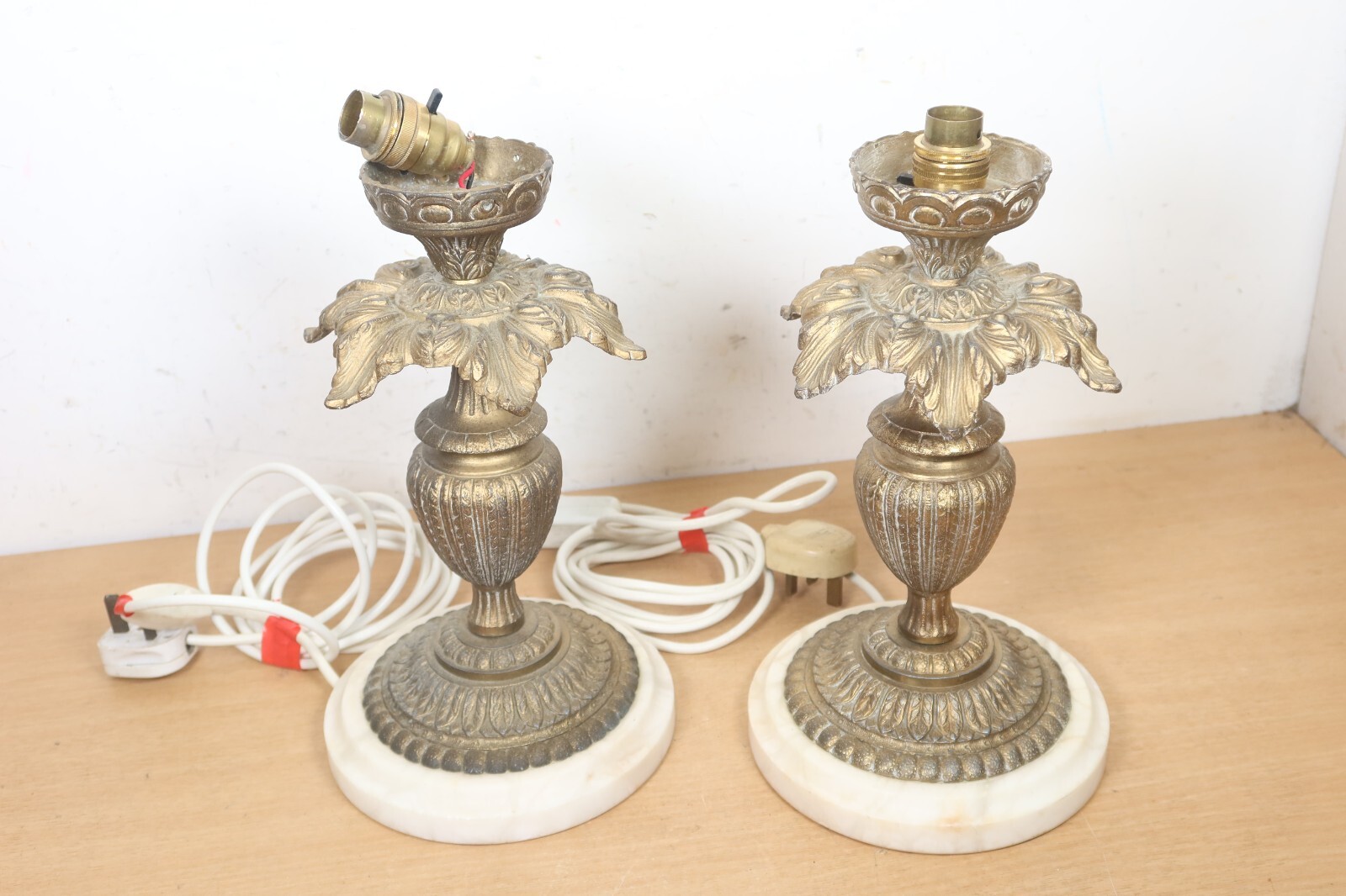 Pair of French Art Nouveau Style Alabaster Brass Bronze Table Lamp Bases Large