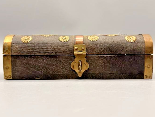 Vintage Wooden Treasure Chest Jewelry Box Brass Inlay Trinket Box