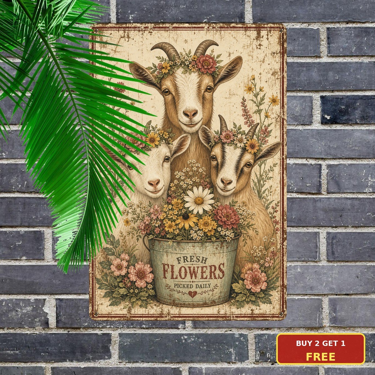 Three Goats Flowers Bucket Farmhouse Metal Sign Country Cattle Barn Wall Decor