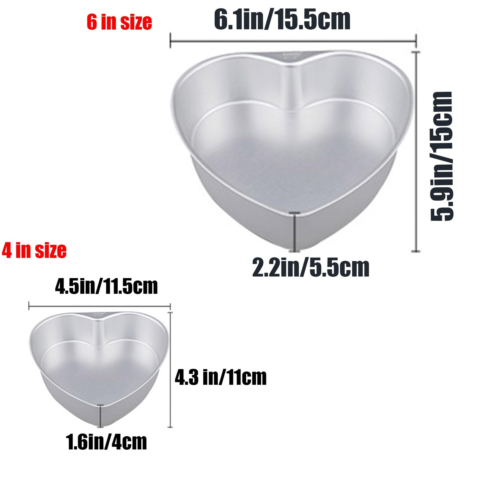 2 PCS 4+6 Inch Aluminum Deep Heart Shaped Cake Pan Set Removable Bottom Mold