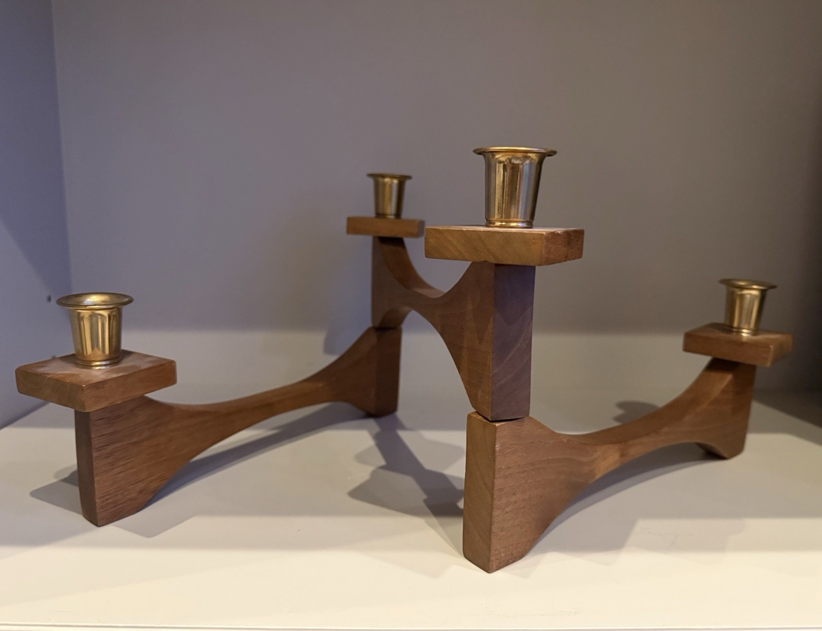 Vtg MCM Teak Wood Brass Articulated 4 Candle Holder Candelabra Danish retro
