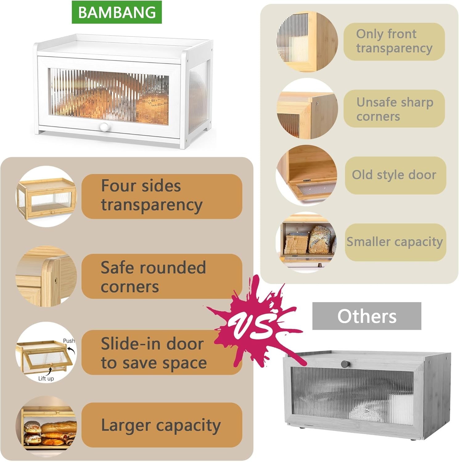 Functional Bamboo Bread Box with Clear Window and Ample Storage – Hand Wash Only