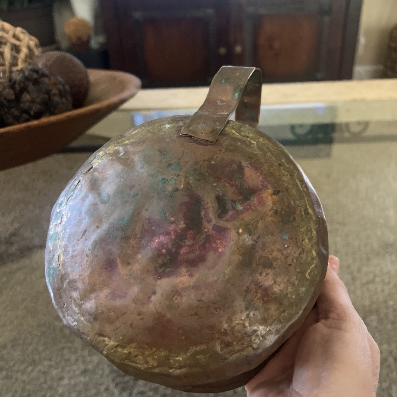 Antique Copper Metal Soup Pot Hammered Handle Handmade Primitive Farmhouse READ