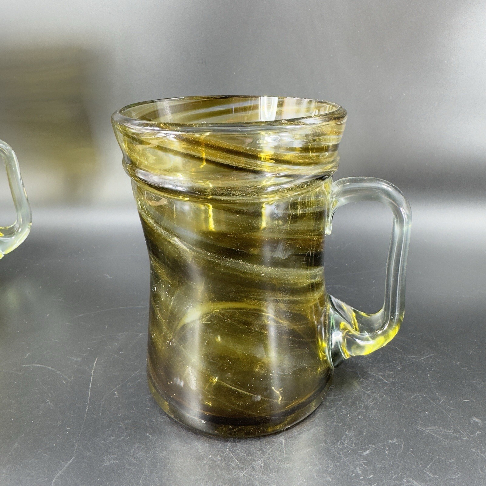 Hand Made Art Glass Mug Cup With Applied Clear Handle Green Black Swirls Lines