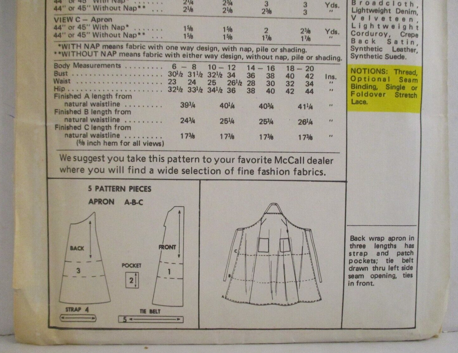 McCall’s Sample Sewing Pattern Misses Butcher Apron Size 6-20 (P-S-M-L) Uncut