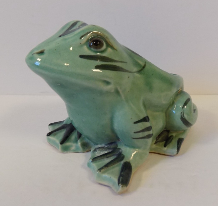 Hand Painted Glazed Ceramic Frog Planter Green Animal Theme Figurine Japan