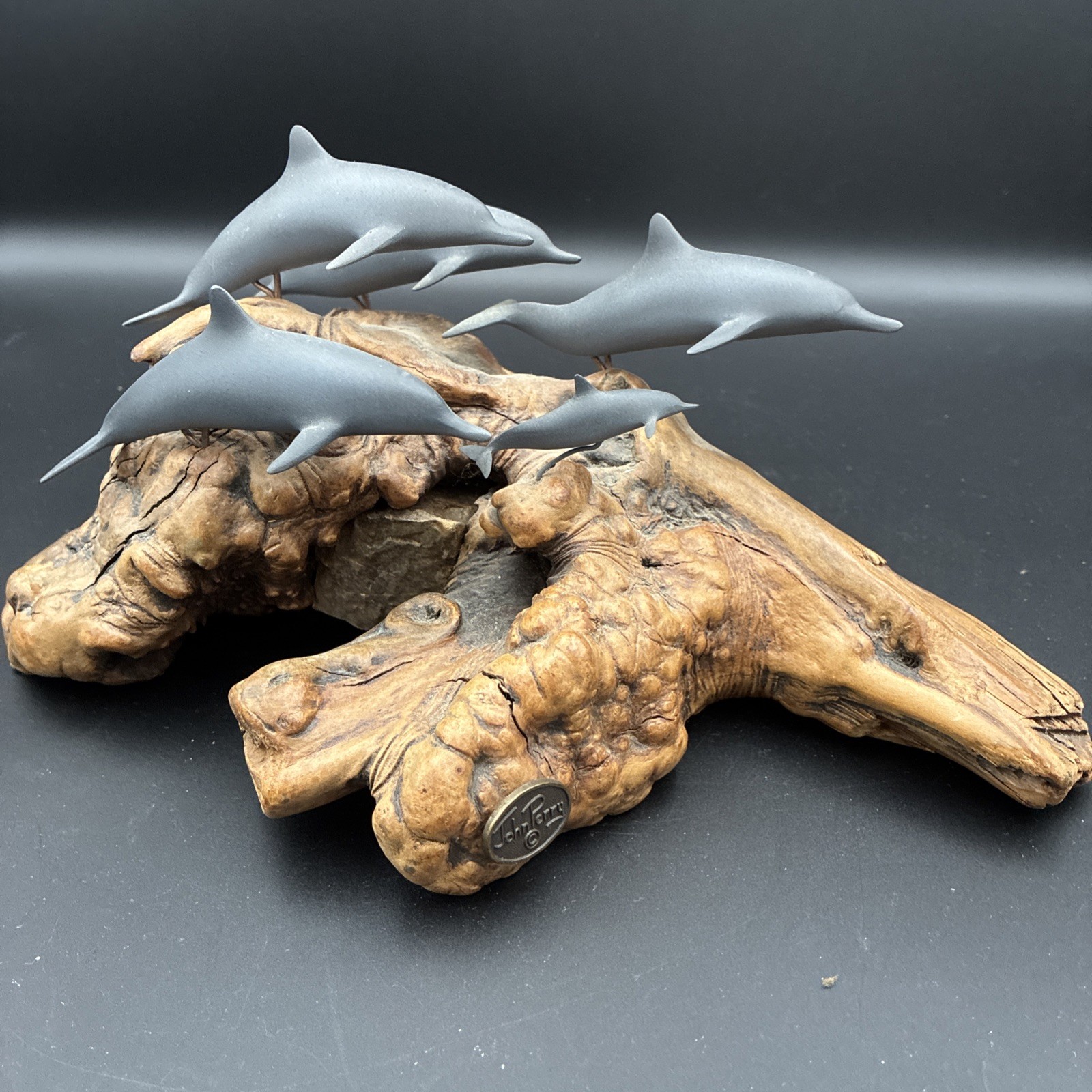 Vintage John Perry Burl Wood Driftwood Dolphin Family Sculpture With 5 Dolphins