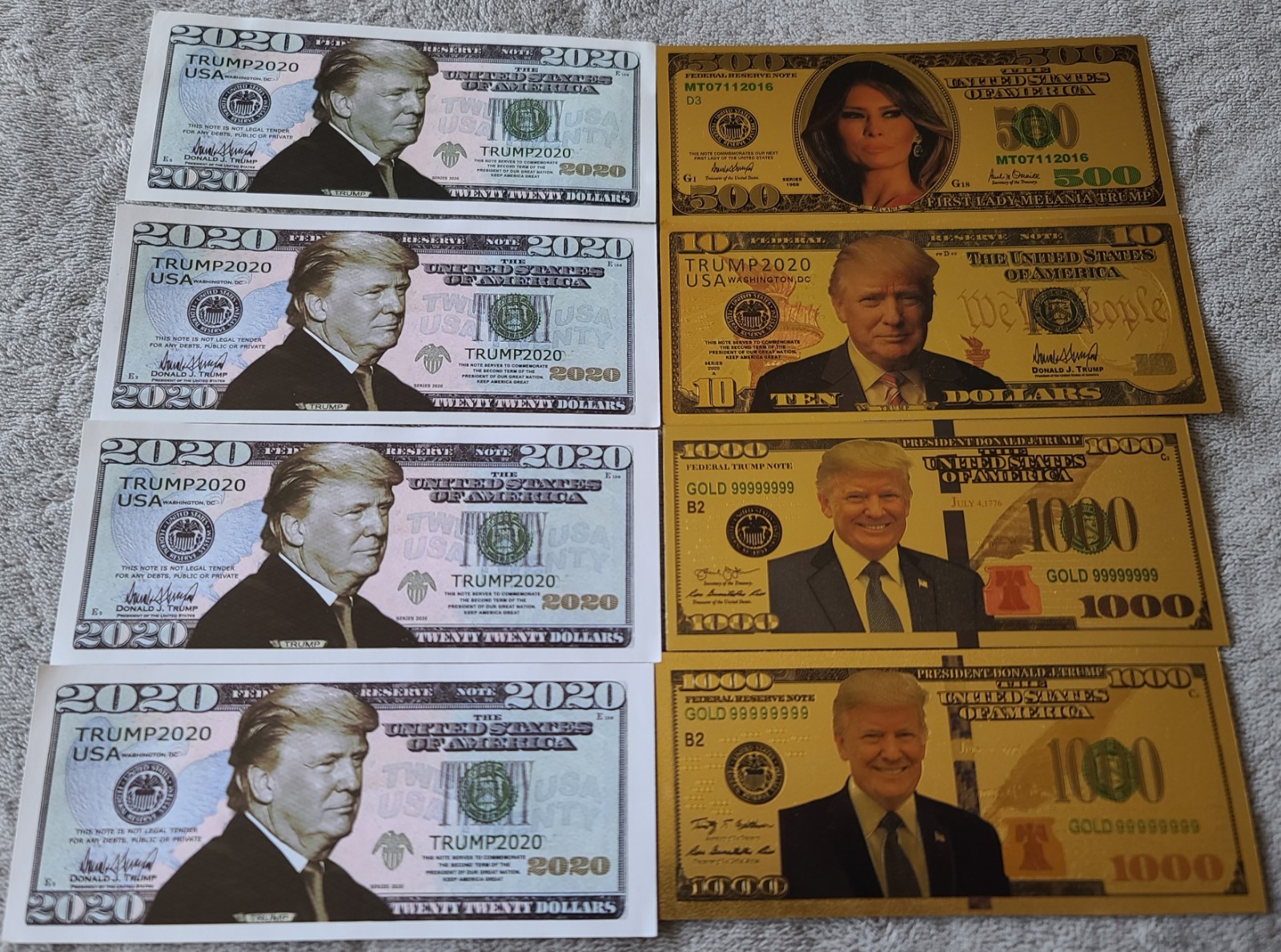 8 2016 2020 Donald & Melania Trump Non Negotiable Bills Notes Regular Gold Toned