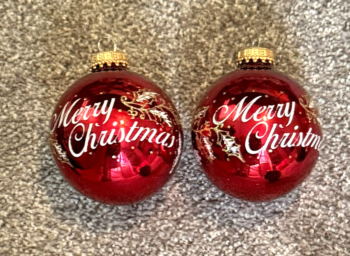 2 CBK Shiny Red Round Glass Christmas Ornaments with Merry Christmas