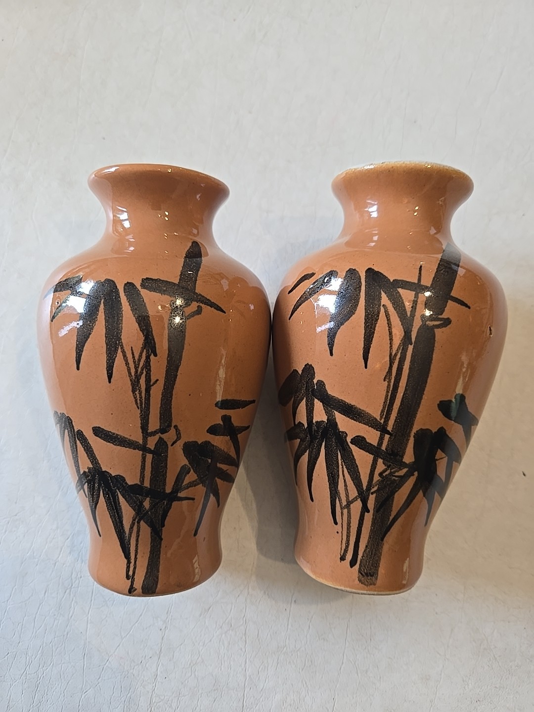 Vtg Bud Vase Bamboo Motif, Brown, Black Painted Bamboo 6″ Tall, Lot Of 2 Vases