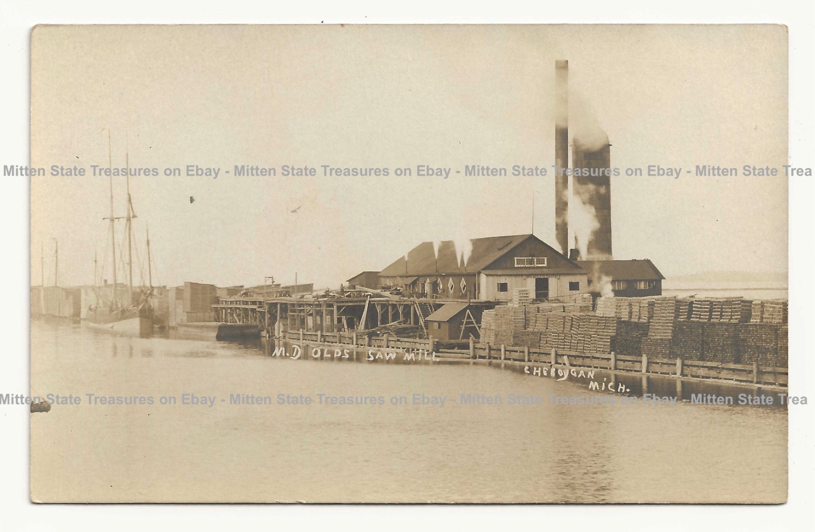 M.D. Olds saw lumber mill, Cheboygan, Michigan; history photo postcard RPPC