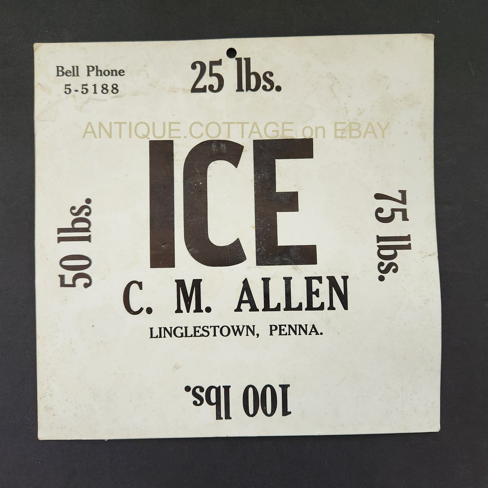 vintage WINDOW ICE SIGN linglestown pa C M ALLEN cardboard pennsylvania