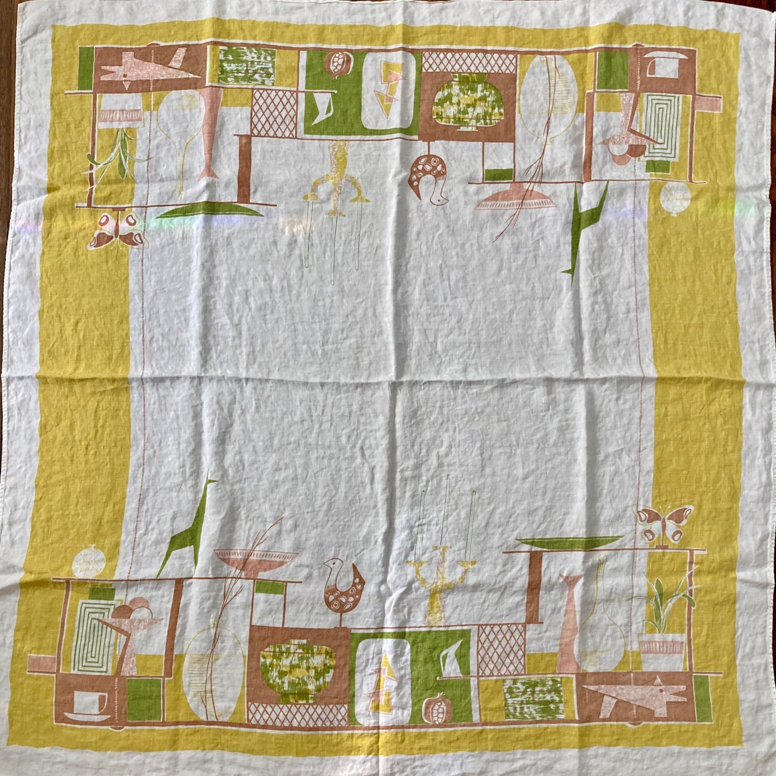 Vintage California Hand Prints 60’s Retro Mod Mad Men Design Linen Tablecloth