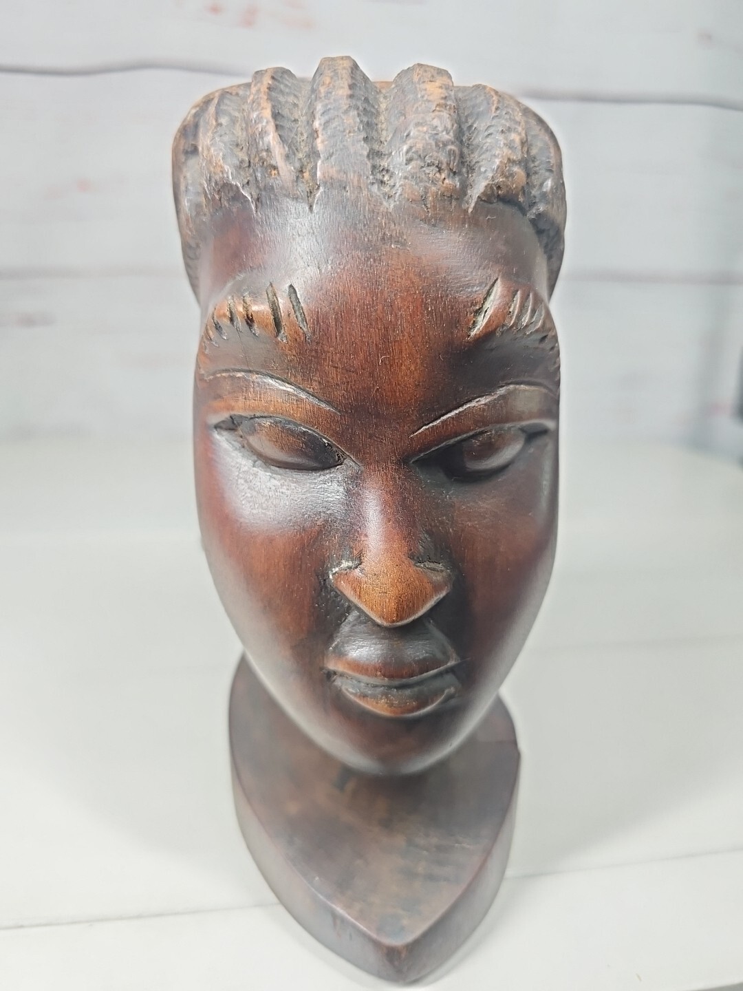 Hard Wood Sculpture African Art Woman Braided Hear Earrings Heavy Bust 2.8 lbs