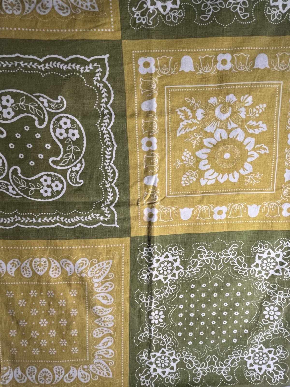 Vintage 50”x62” Cotton Tablecloth, Gold & Olive Paisley Floral Print,Serged Edge