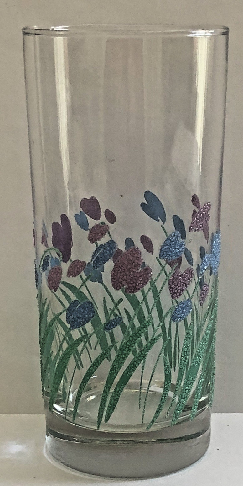 Vtg Raised Sparkling Textured Tulips Drinking Glass Tumbler 16 Oz Heavy Bottom