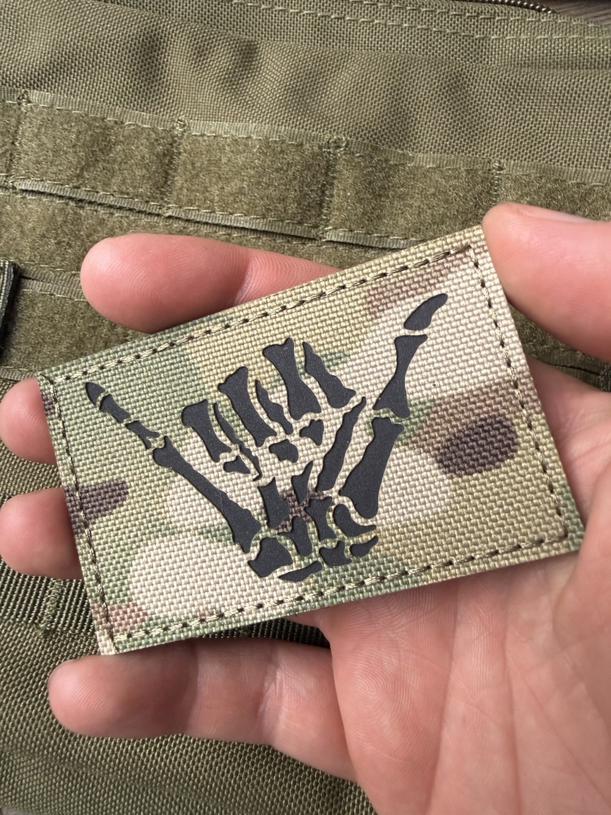 Hang Loose IR Infrared Bone Morale Patch Aloha Hawaii Skeleton Surfer Multicam