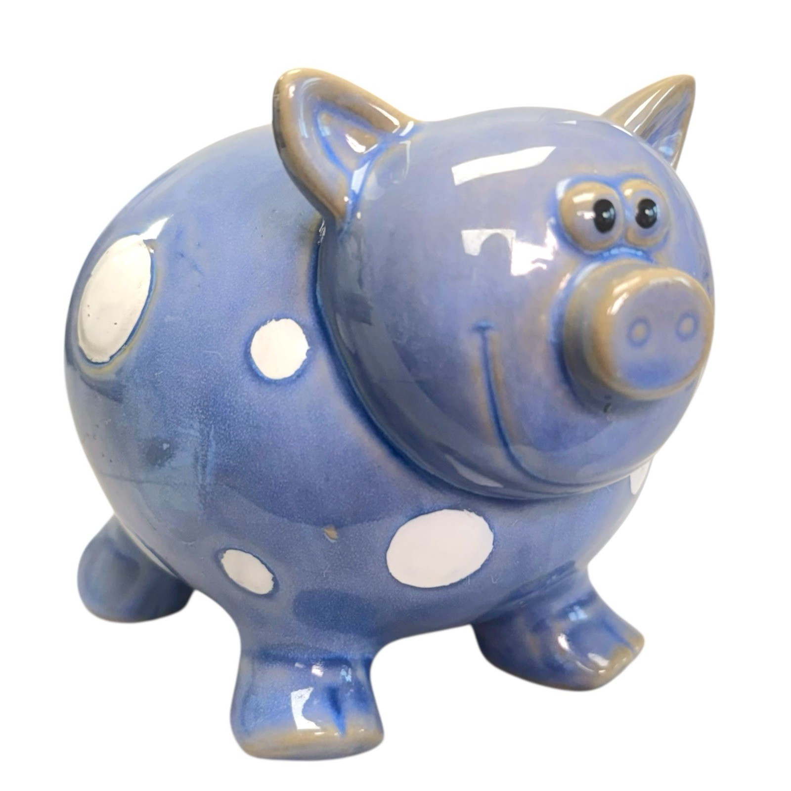 Vintage Stoneware Ceramic Pig Piggy Bank Periwinkle & White Polka Dots -Cute!