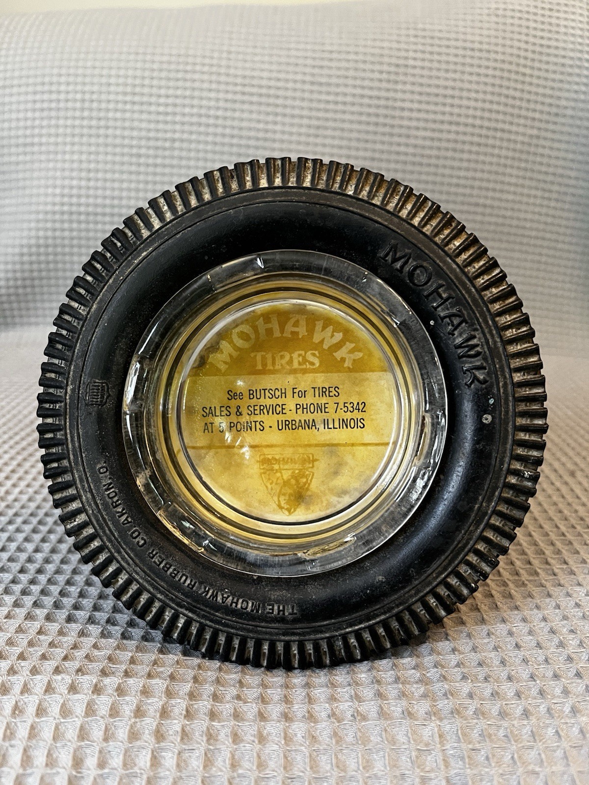 Vintage Mohawk Tire Ashtray Advertisement for Urbana Illinois