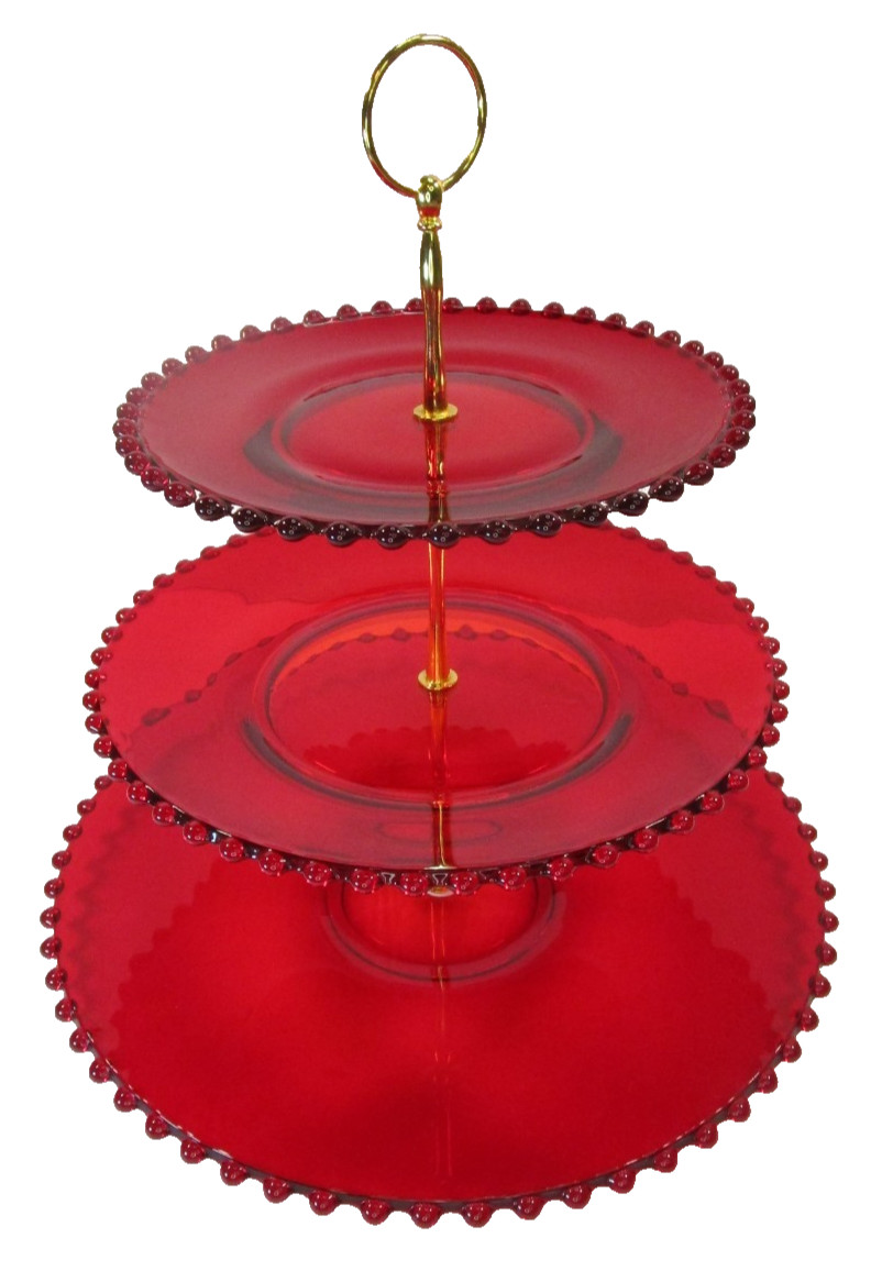 Candlewick Dalzell Viking Ruby Red Vintage 3 Tiered Server Tidbit Tray # 9114