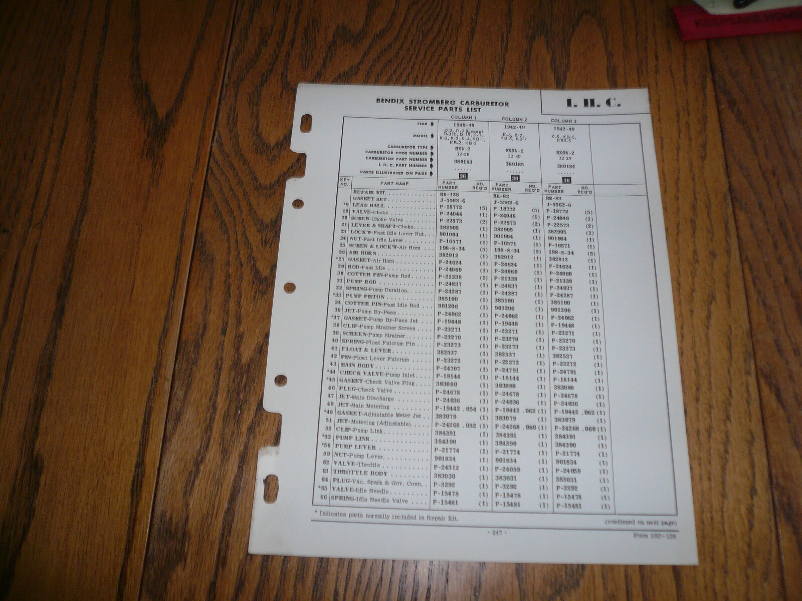 1940 – 1949 I.H.C. Bendix Stromberg Carb Service Parts List – Vintage