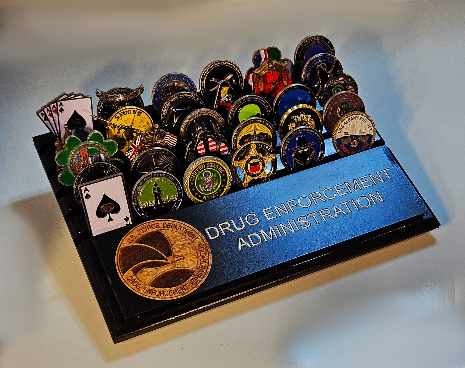 9″x13″ DEA desktop challenge coin display approximately 30 coins