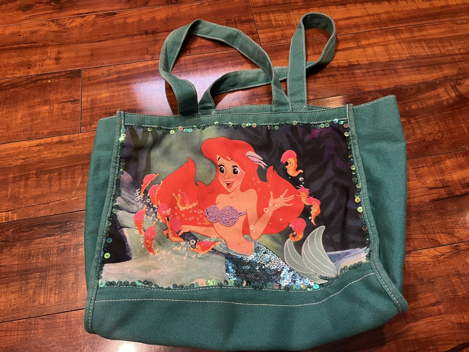 Vintage Disney The Little Mermaid Ariel Canvas Tote Bag Bookbag Sequins Beaded