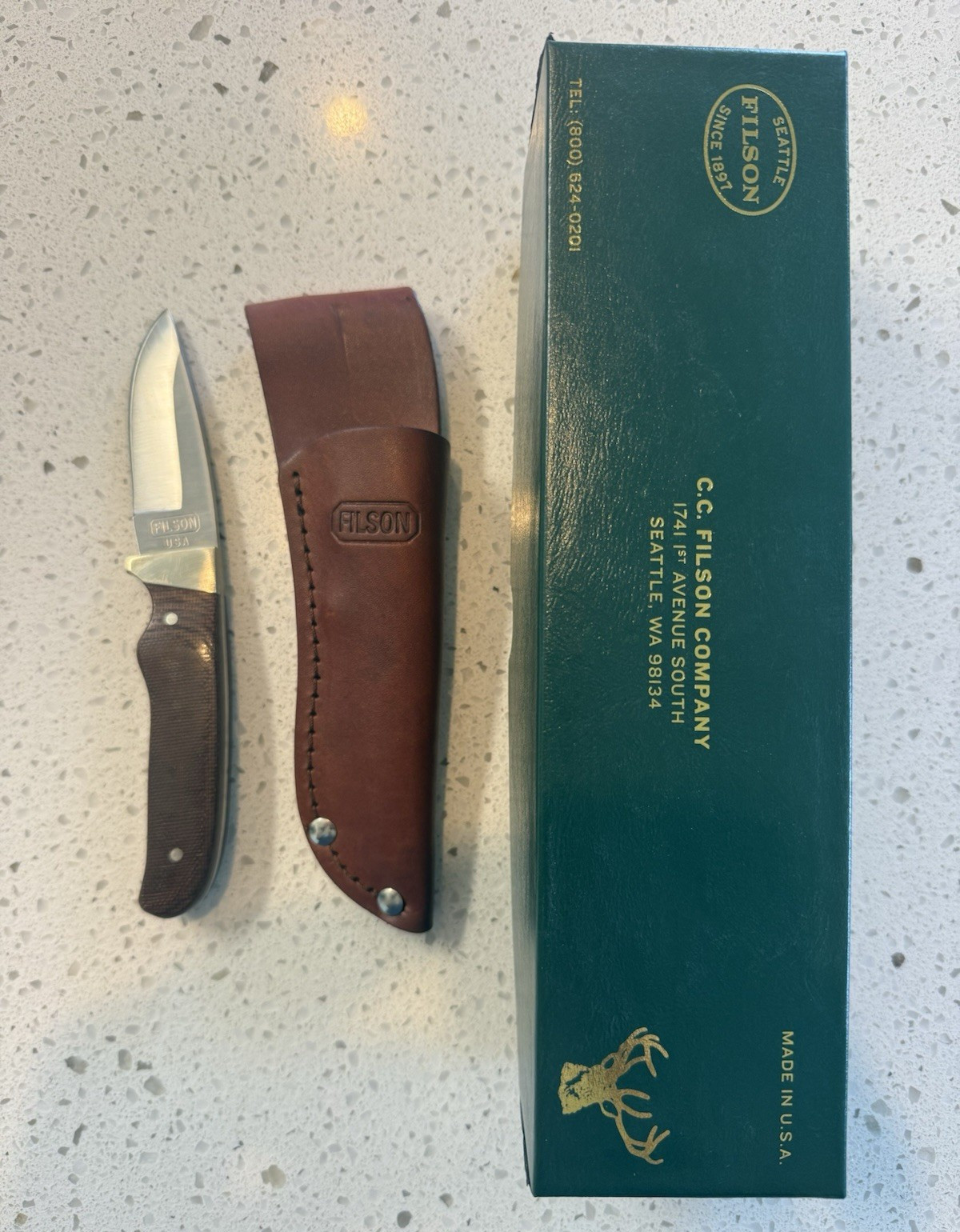 Filson Fixed Blade Hunting Knife Drop Point Stainless Steel Wood Handle Sheath