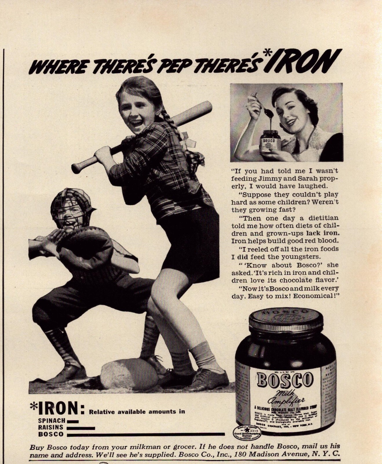 1940 Bosco Vitamins Print Ad Kids Baseball Iron Pills Milk Amplifier
