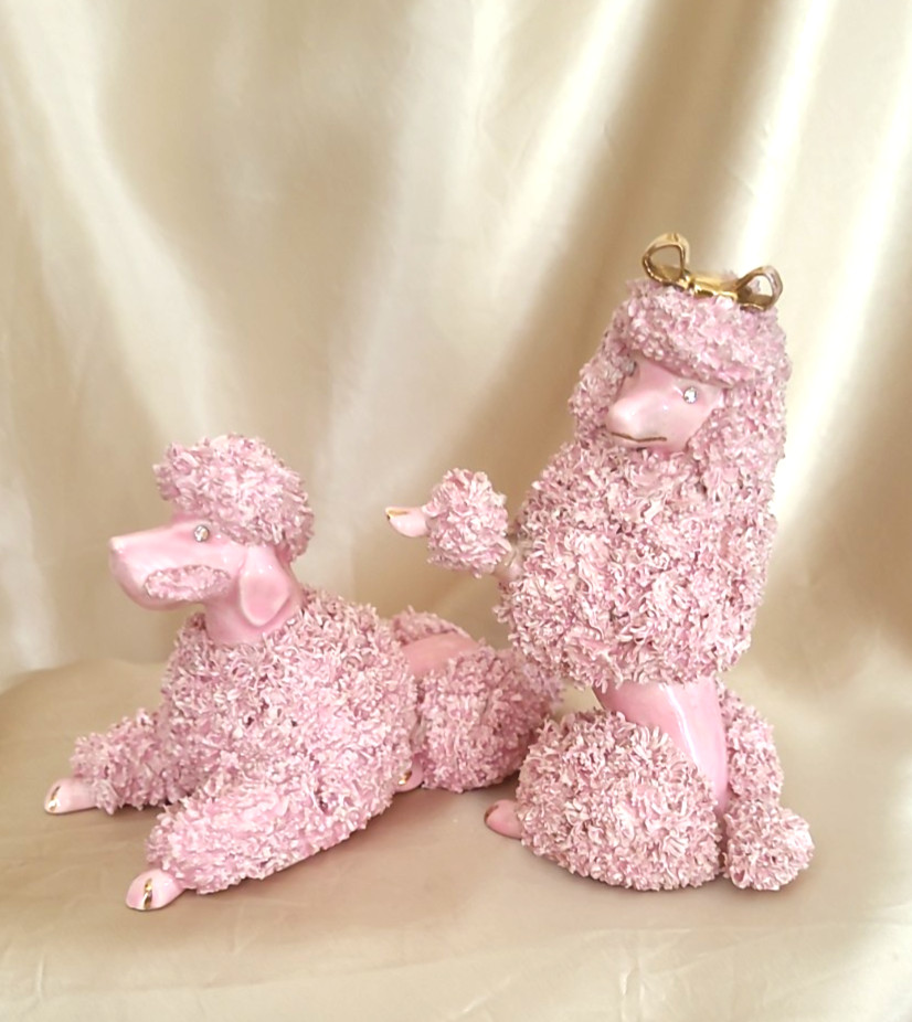 Vintage 1950s Pink Spaghetti Poodles * Rhinestones & Gold Trim