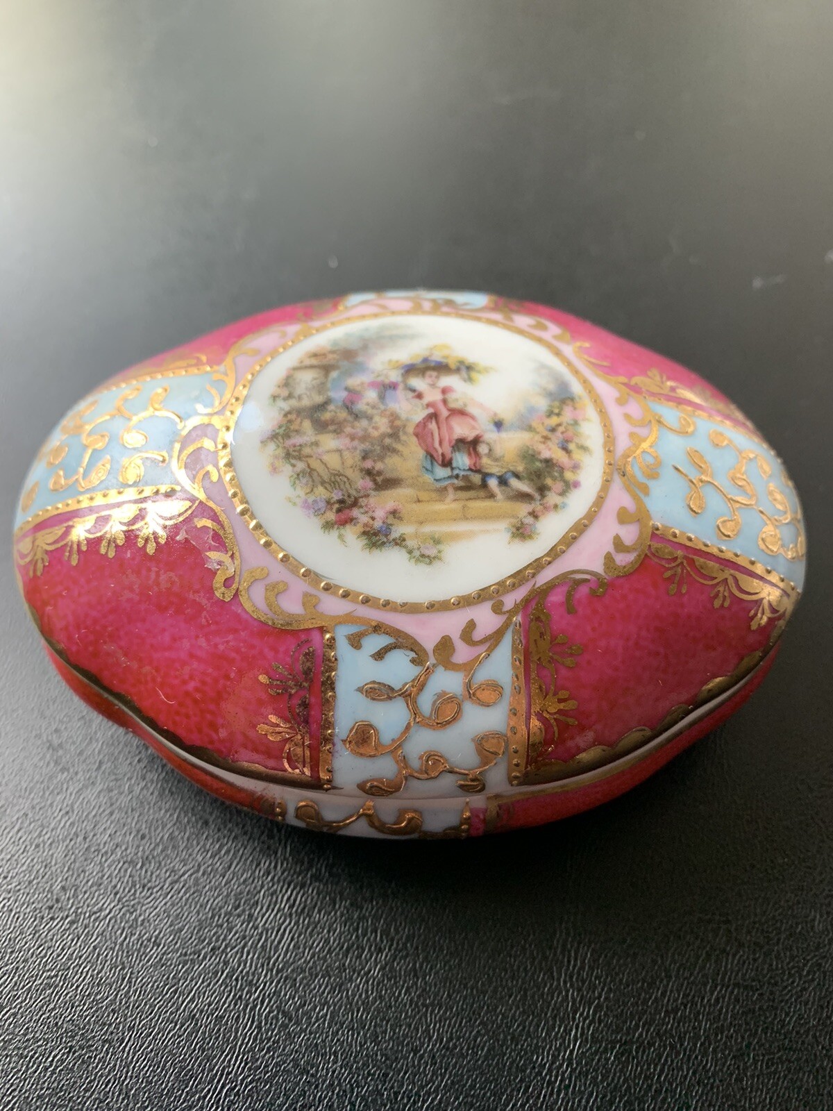 Vintage Trinket Box Porcelain KPM Lift Off Lid Oval Red Toile French? Rings