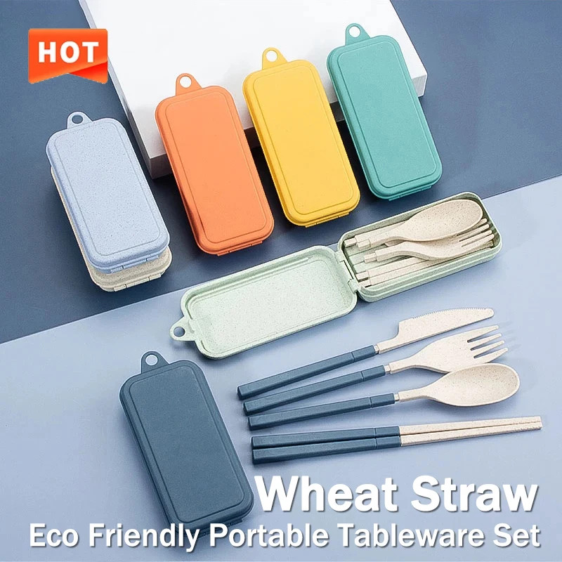 4Pcs Portable Tableware Set Wheat Straw Dinnerware Detachable Cutlery Travel
