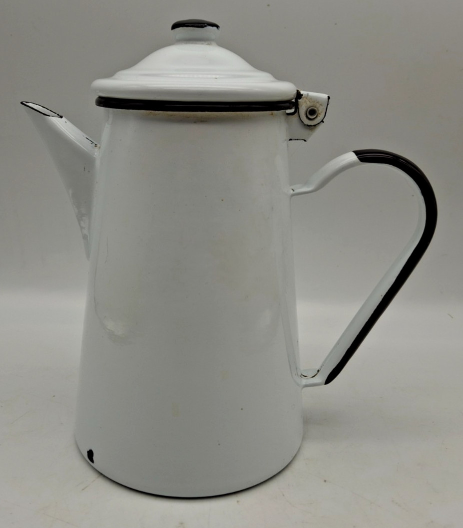 Vtg. RARE White Enamelware Coffee Pot w/Black Trim Hinged Lid Unusual Spout 8.5″