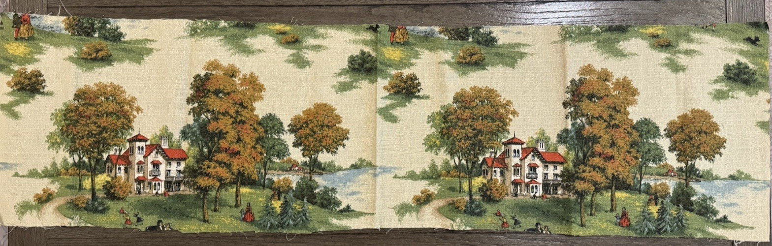 VINTAGE SCENIC BARKCLOTH VIBRANT COLORS HOUSE ON LAKE FALL TREES 46″ x 12