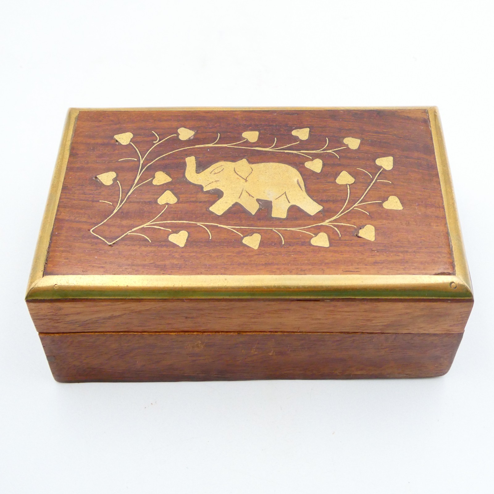 Brass Inlay Wood Elephant Trinket Box Lid Heart Leaves 5x3x2 inch Vintage