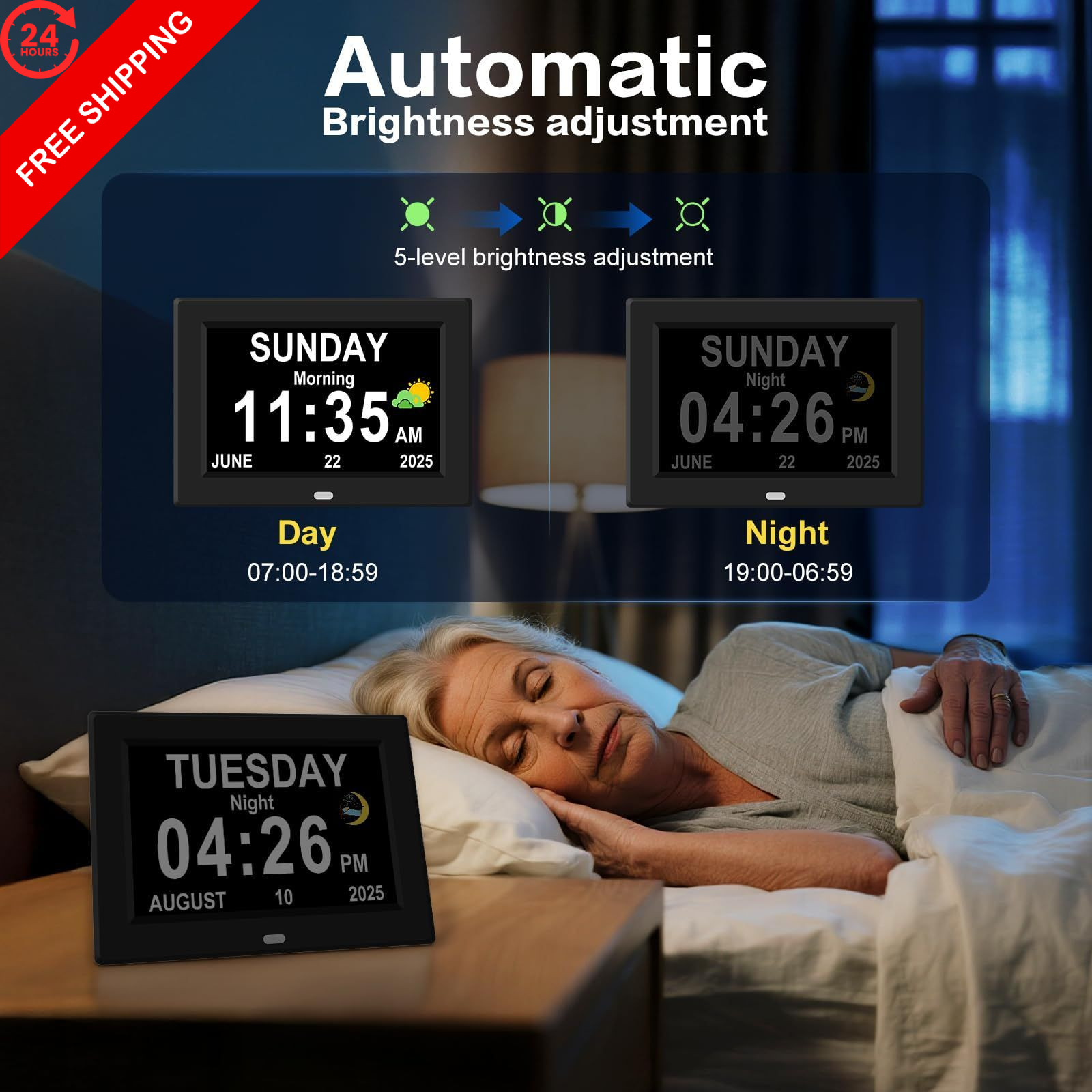 7‘’ Digital Alarm Clock for Elderly Large Display Seniors 7”, Black
